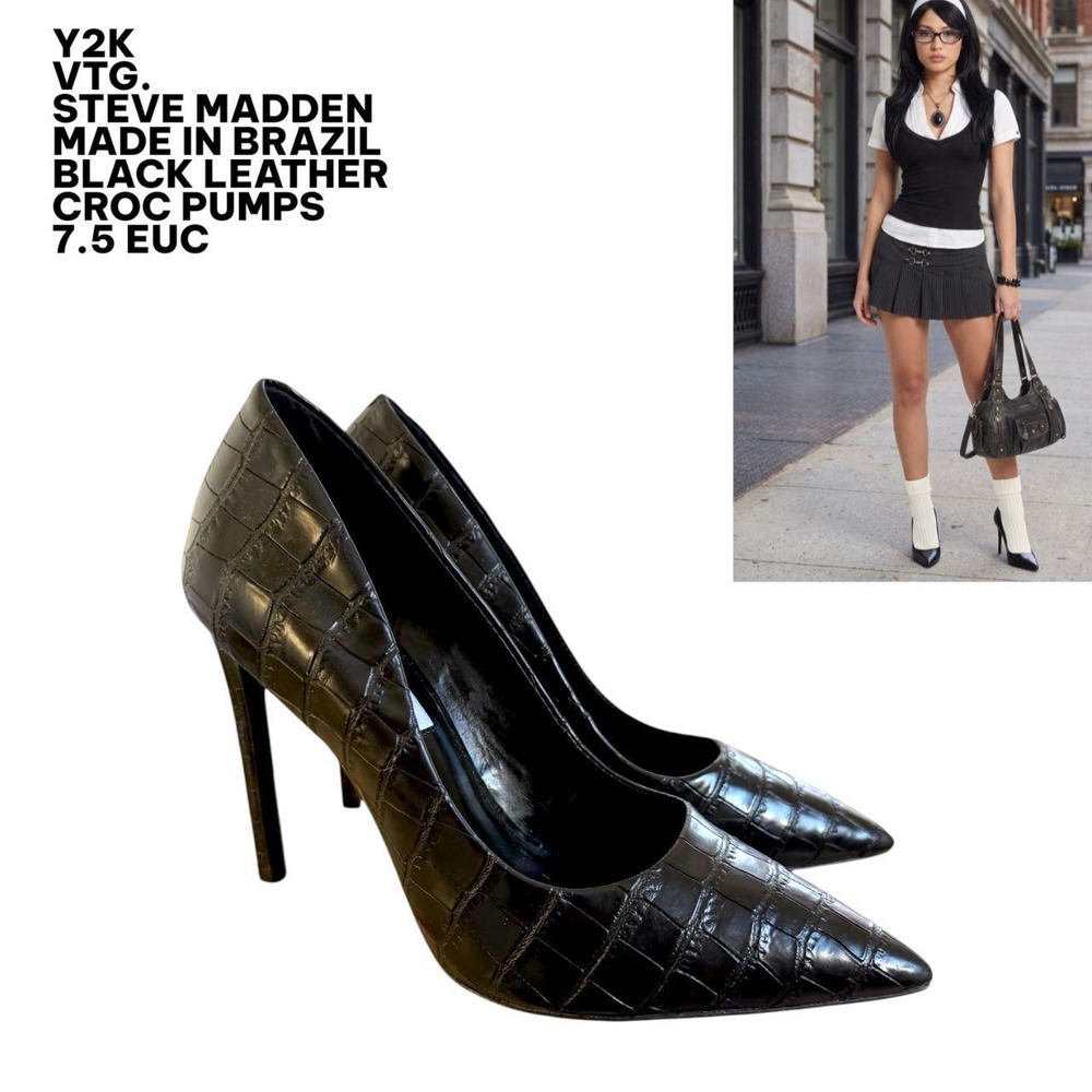 Y2K VTG. Steve Madden Black Leather Croc Pumps 7.5 made in brazil euc